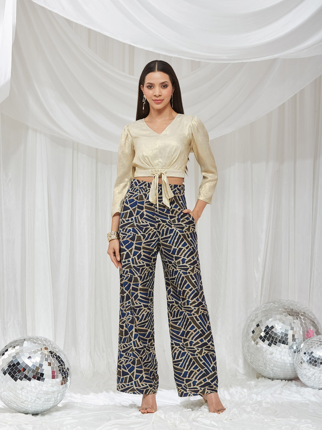 Cream V-Neck Full Sleeve Geometric Tie-Up Regular Co Ord Set for Women