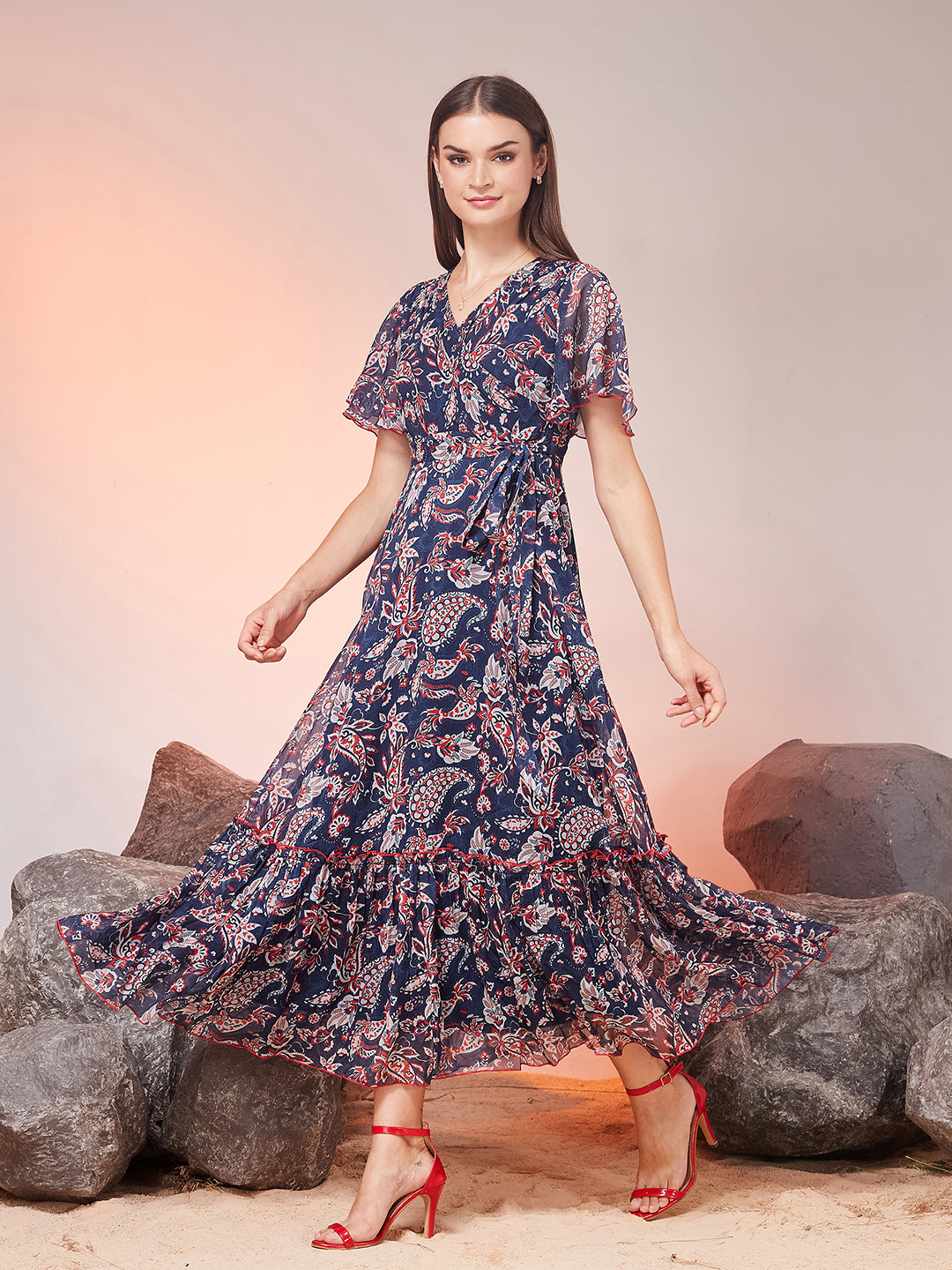 Multicolored Navy Floral Wrap Chiffon Maxi Dress with Flutter Sleeves & Frilled Hem for Women