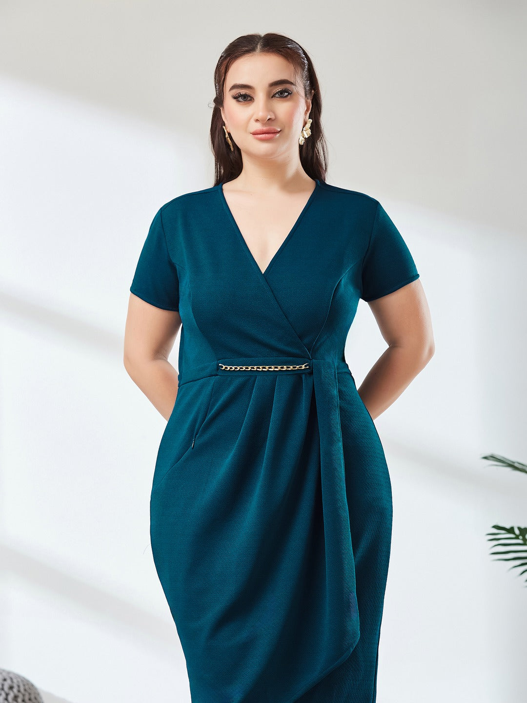 Teal Wrap-Styled Short Sleeve Solid Pleated Knee-Long Dress for Women