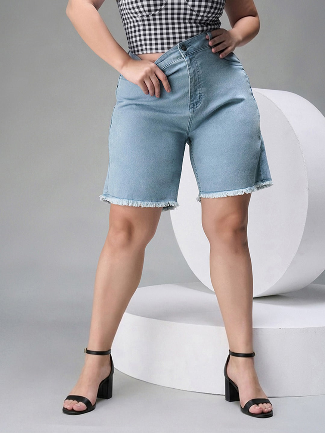 Light Blue Regular High Rise Above Knee Stretchable Denim Shorts for Women