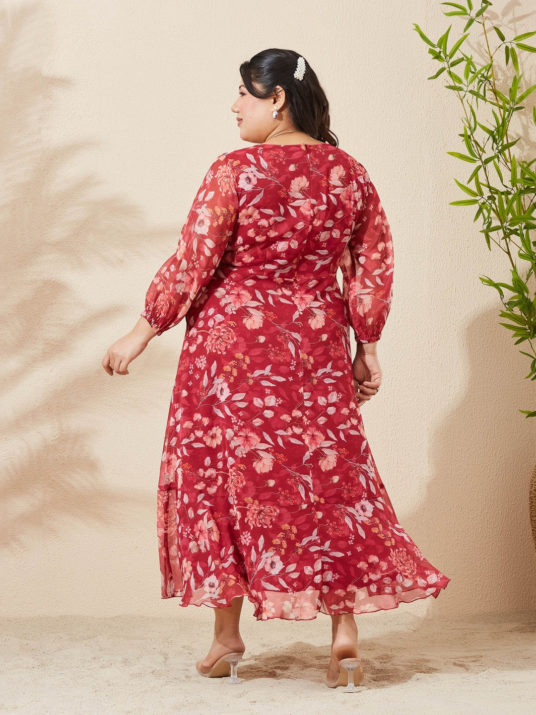 Maroon Floral V-Neck 3/4 Sleeve Wrap Midi Chiffon Dress for Women