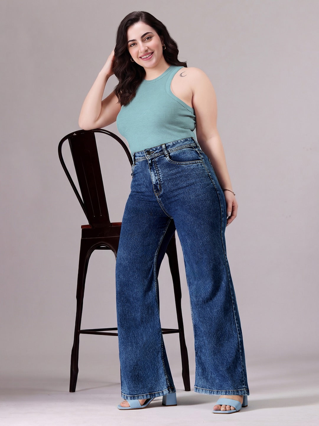 Light Blue Boot Cut High rise Cropped Stretchable Denim Jeans for Women