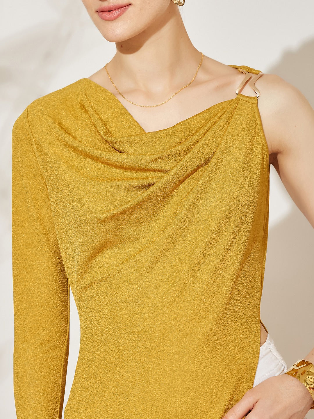 Golden Asymmetric Cowl Full Sleeve Solid Asymmetric Maxi Polyester Top for Women