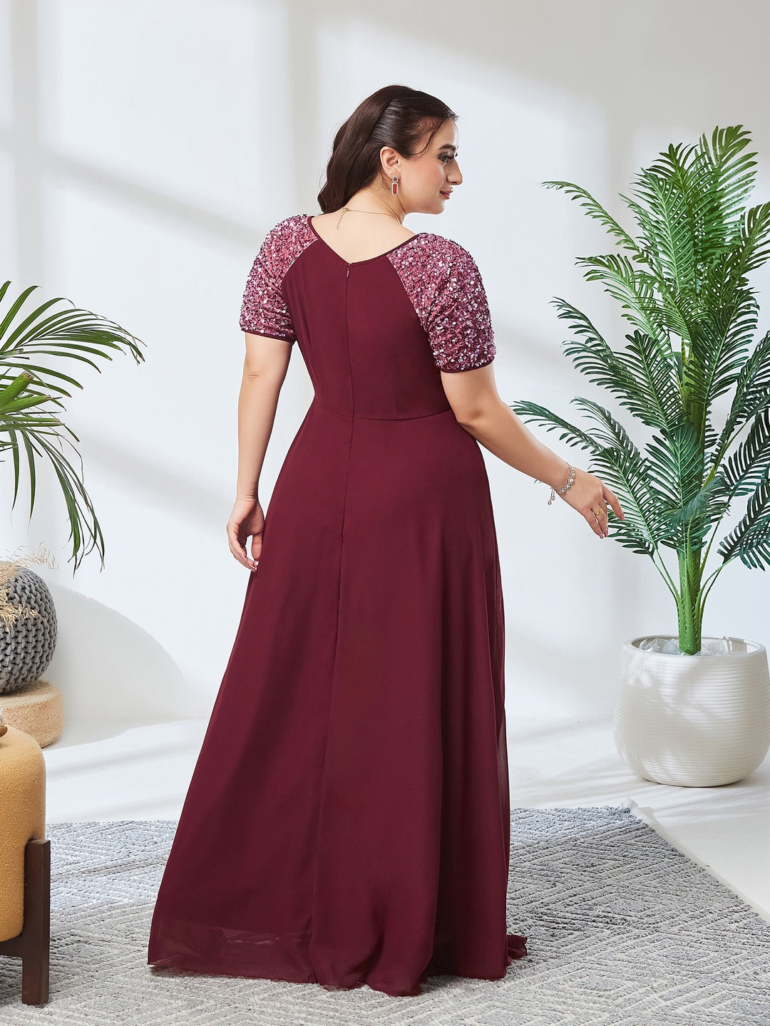 Wine Relaxed Fit Maxi Georgette Dress for Women