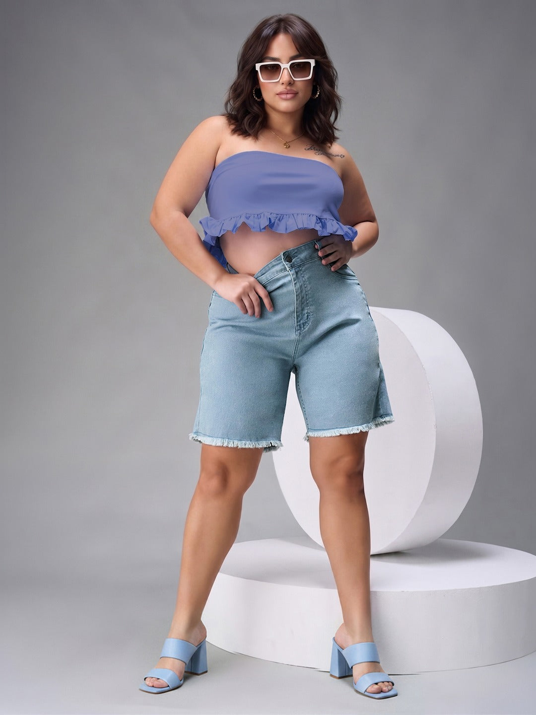 Mid Blue Wide-Leg High-Rise Stretchable Denim Jeans for Women