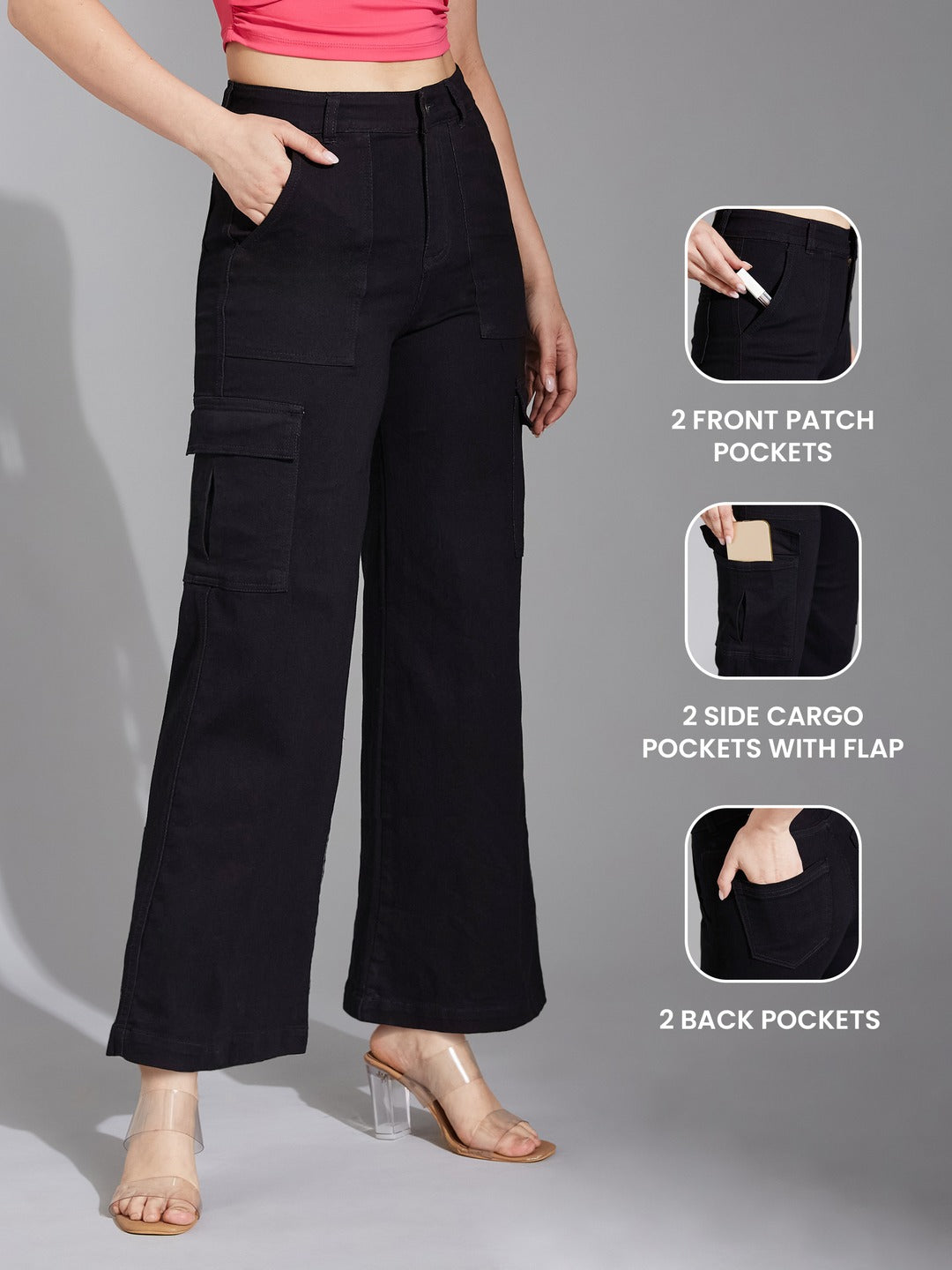 Black Wide-Leg High-Rise Stretchable Denim Cargo Jeans for Women