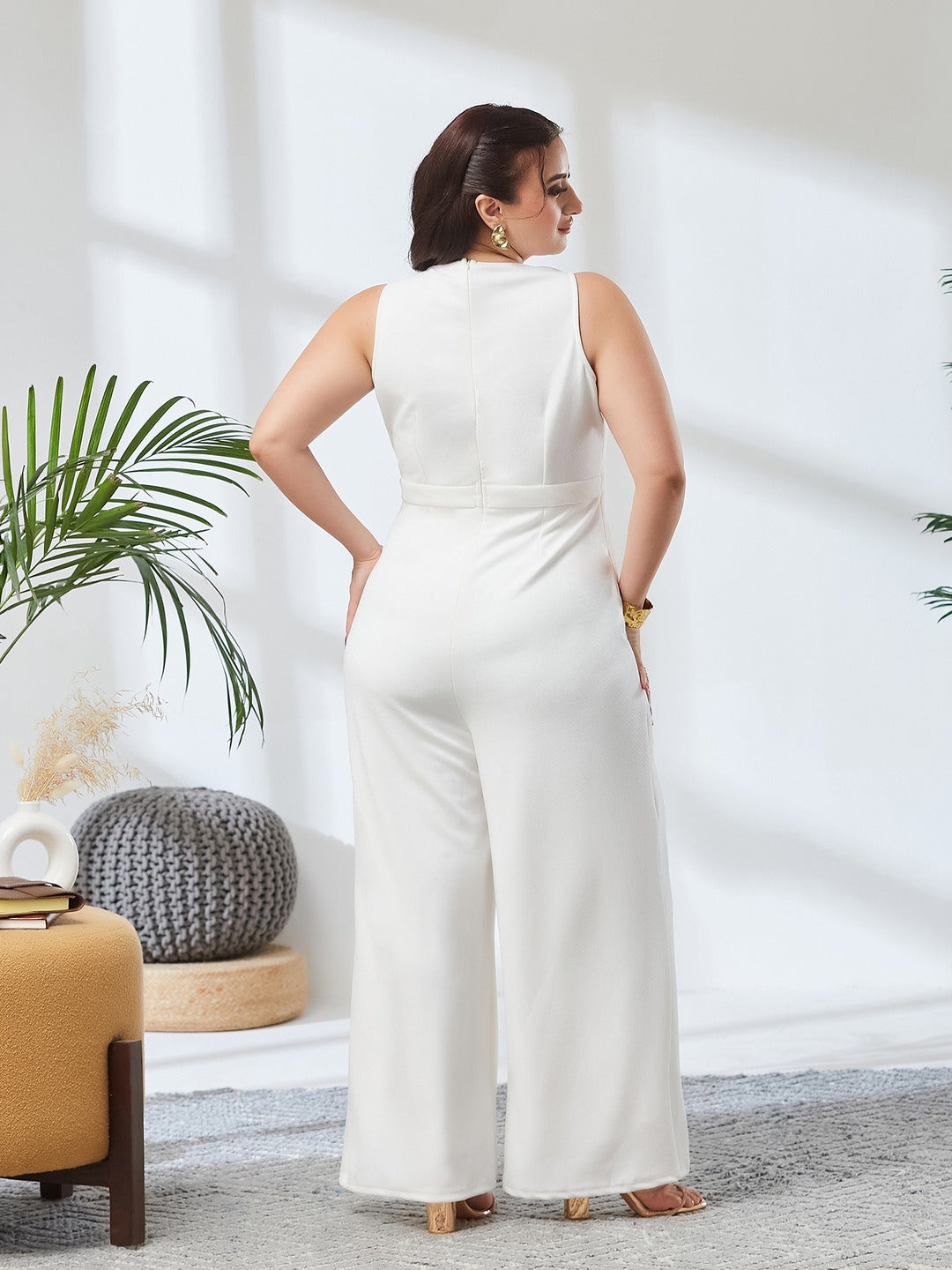 Off-White V-Neck Sleeveless Solid Wrap Regular-Length Polyester Jumpsuit for Women
