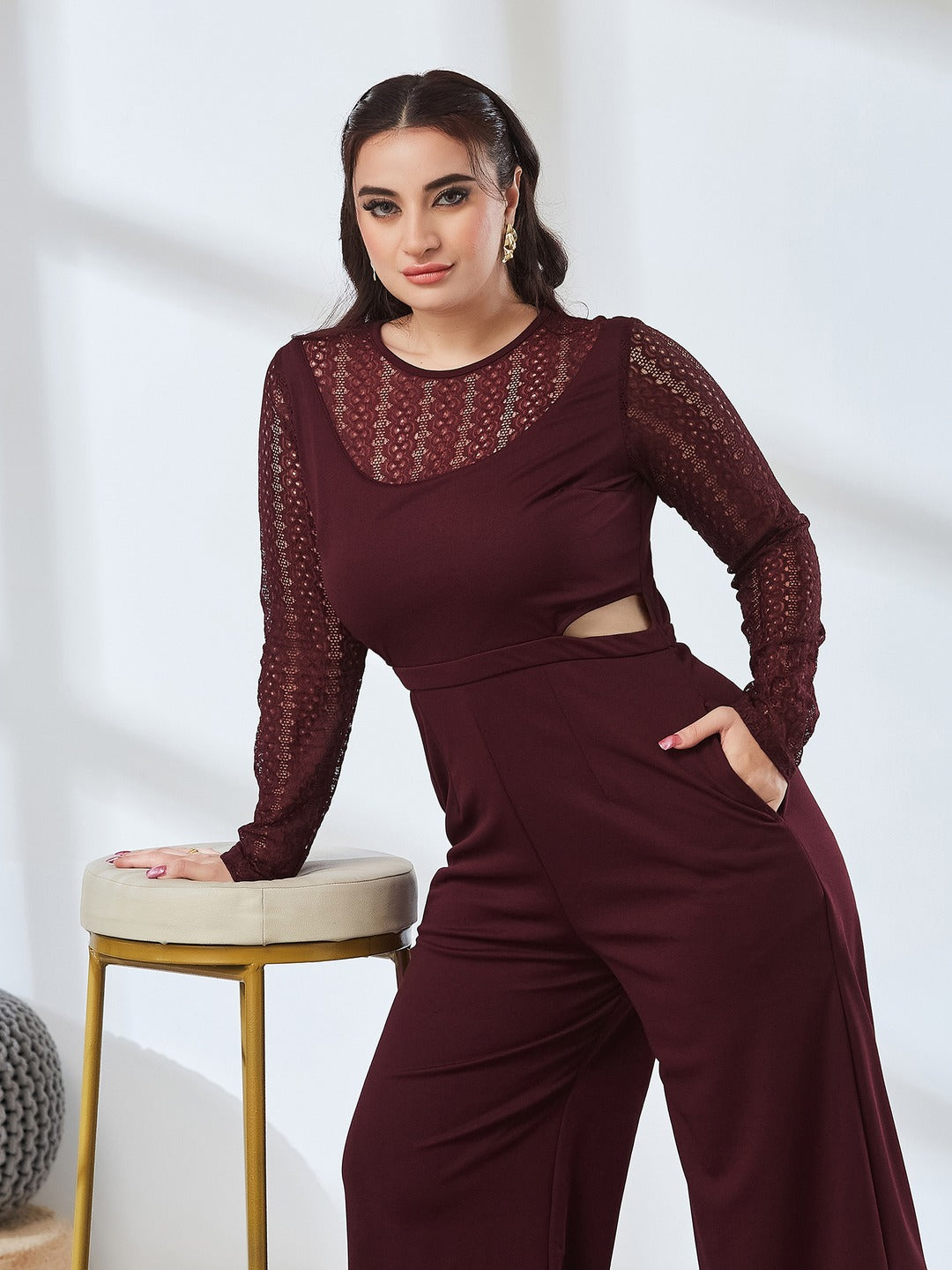Wine Round Neck Full Sleeve Self Design Cut-out Regular-Length Polyester Jumpsuit for Women
