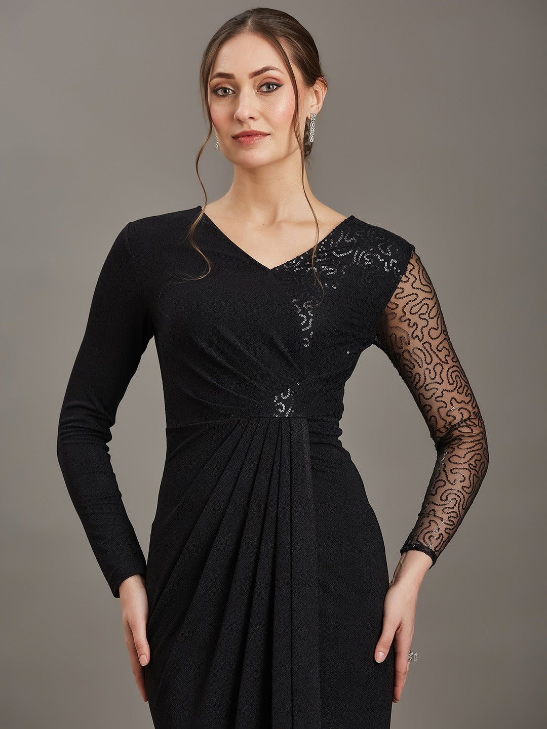 Black V-Neck Full Sleeve Embellished Pleated Longline Dress for Women