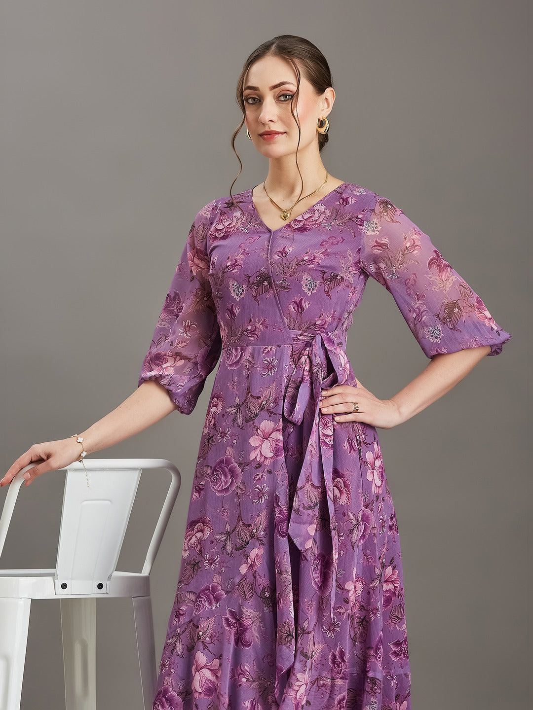 Multicolored Lavender Floral V-Neck 3/4 Sleeve Wrap Chiffon Midi Dress for Women