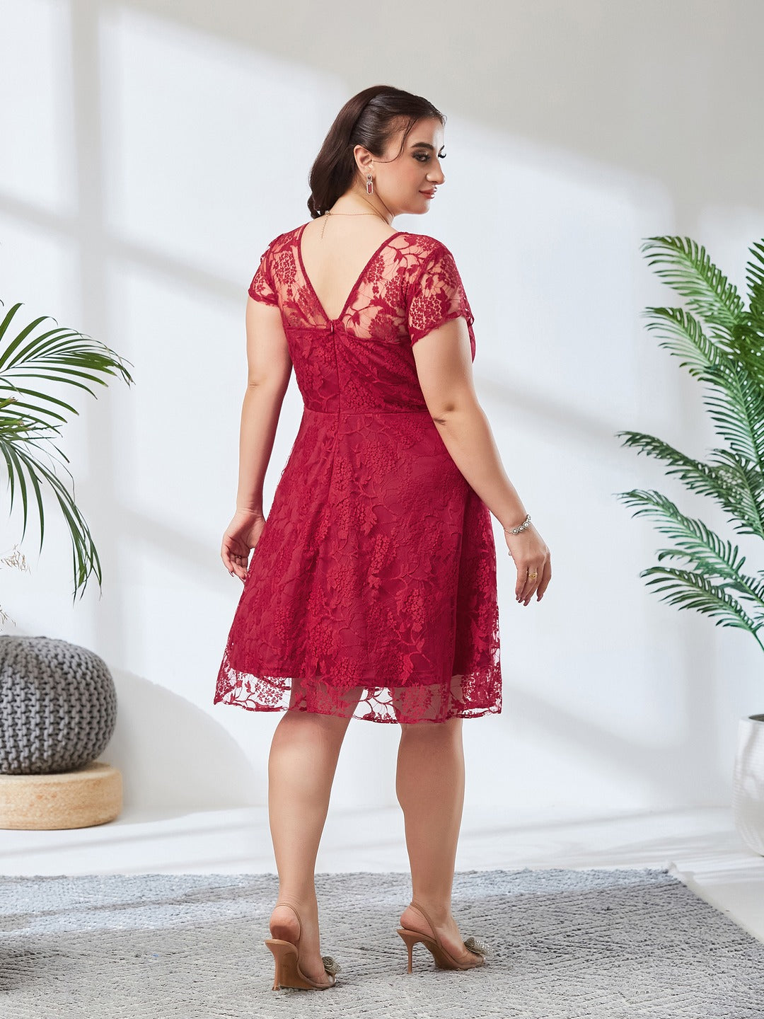 Dark Pink Round Neck Cap Sleeves Low Back Lace Skater Dress for Women