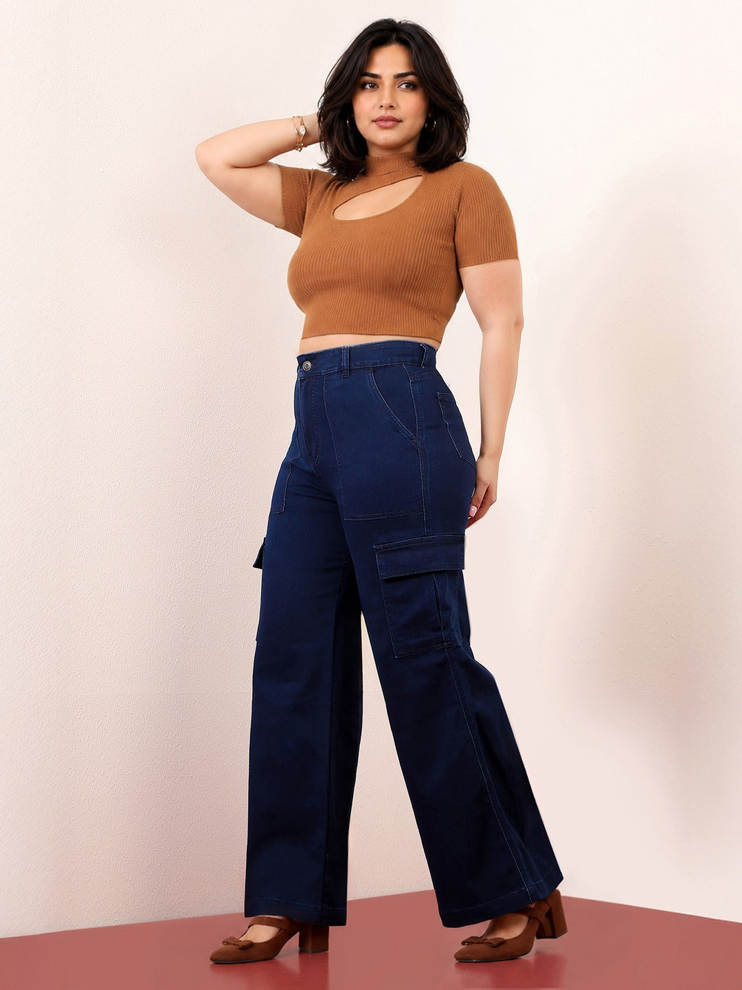 Navy Blue Wide-Leg High-Rise Stretchable Denim Cargo Jeans for Women