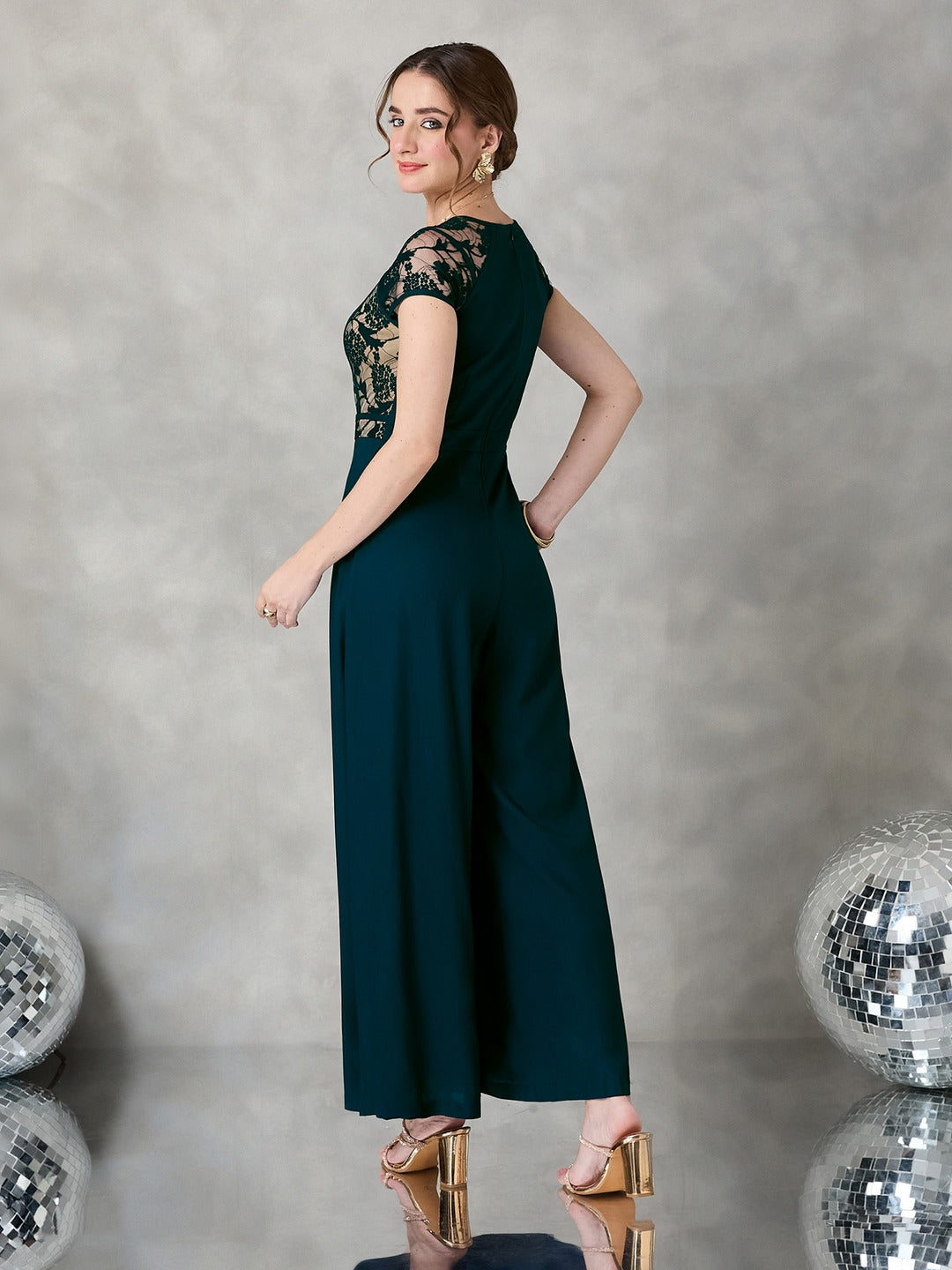 Teal Sweetheart Raglan Sleeve Self-Design Lace Overlaid Regular Fit Viscose Rayon Jumpsuit for Women