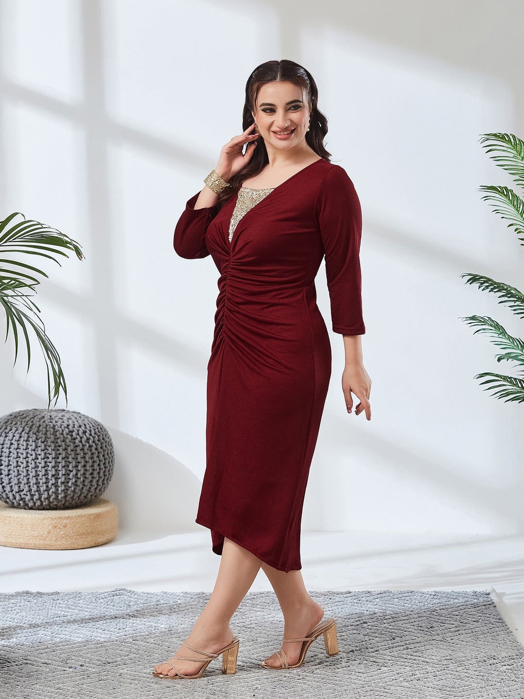 Maroon & Golden Embellished Sheath Midi Dress for Women