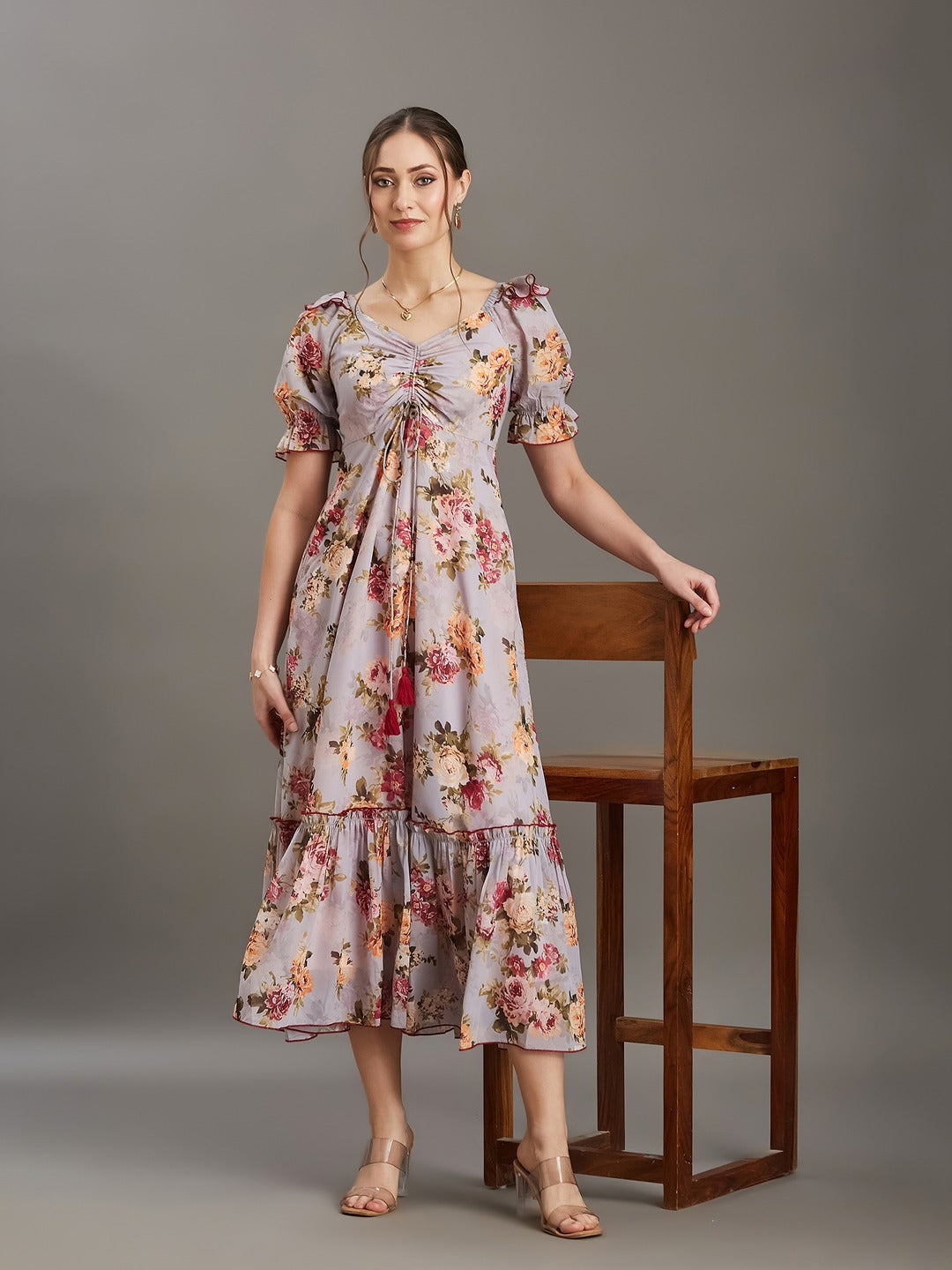 Multicolored Light Grey Sweetheart Puff Sleeve Tiered Georgette Maxi Dress for Women