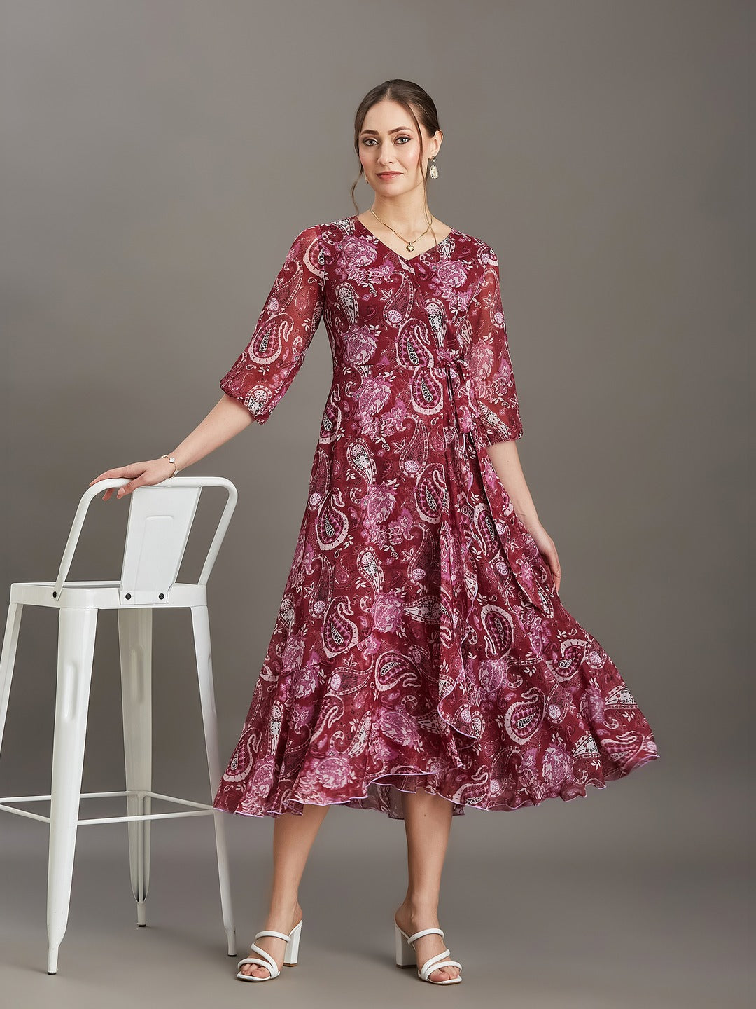 Multicolored Wine Floral V-Neck 3/4 Sleeve Wrap Midi Chiffon Dress for Women