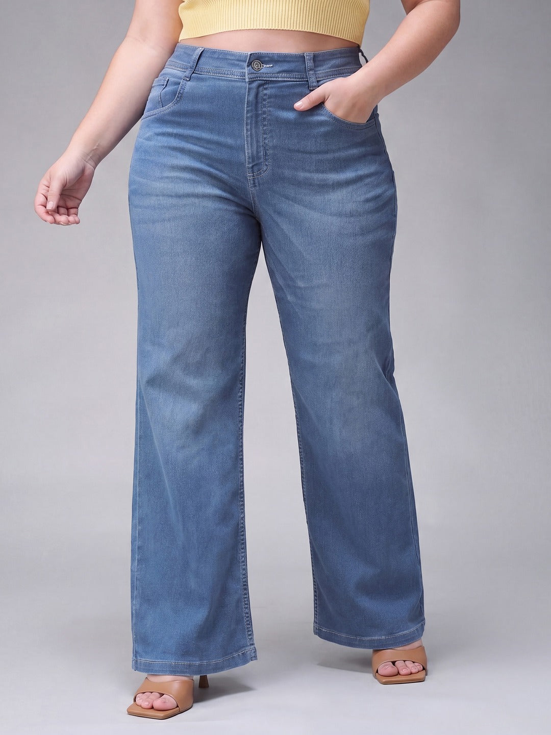 Light Blue Wide-Leg Mid Rise Blast Effect Denim Jeans for Women