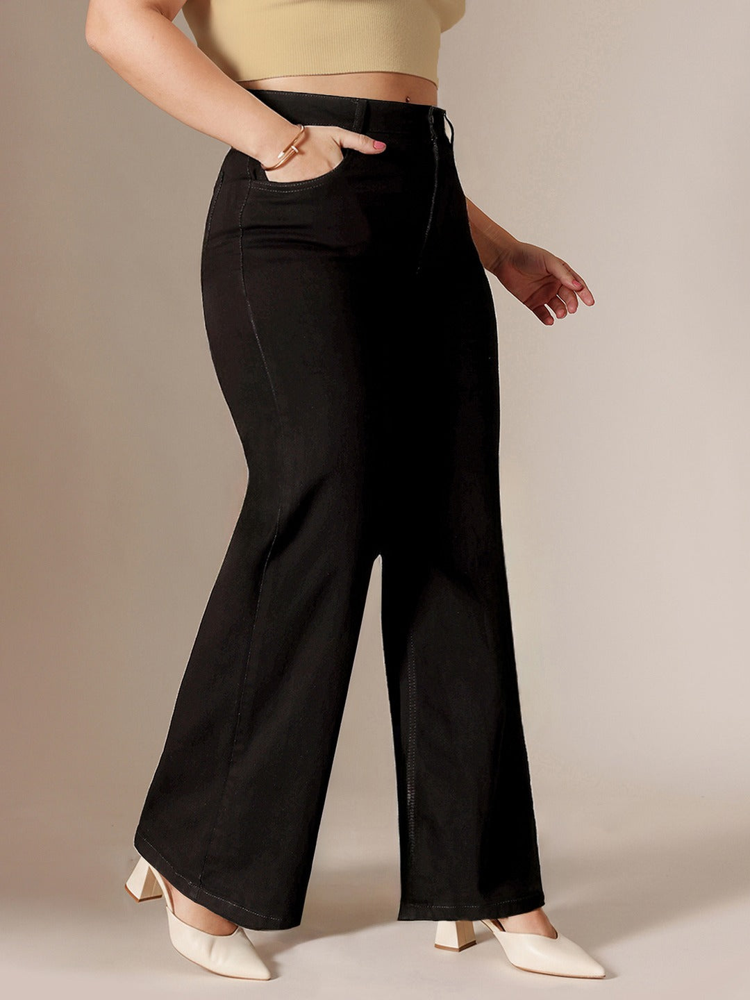 Black Wide Leg High Rise Stretchable Denim Jeans for Women