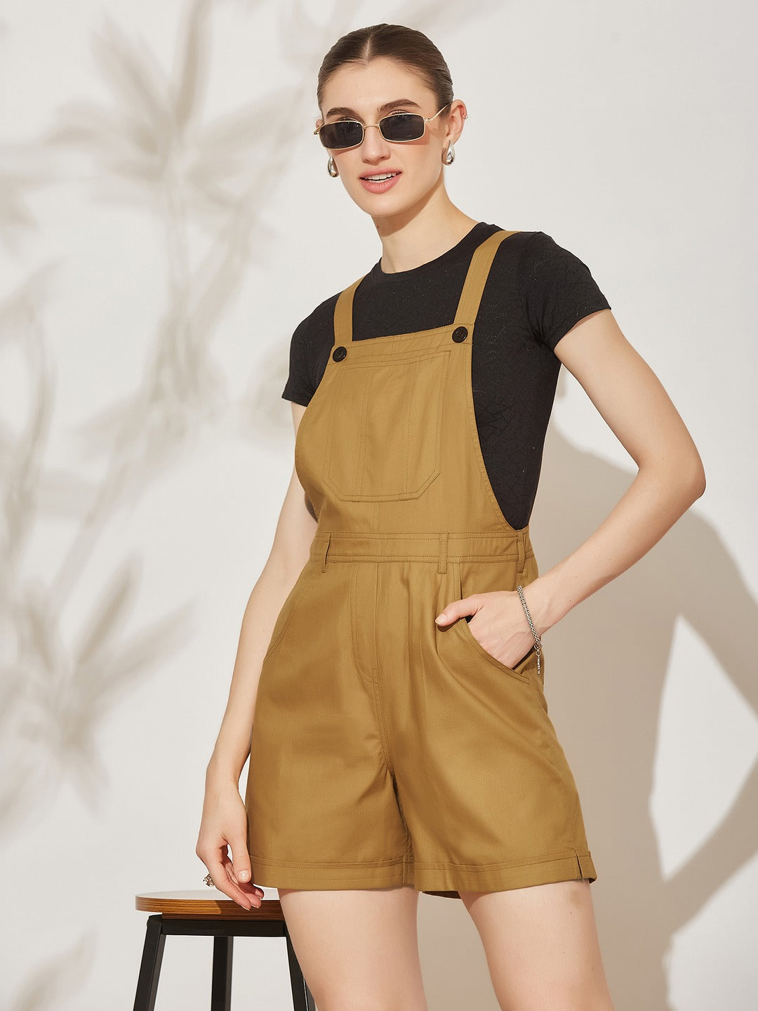 Beige Square Neck Sleeveless Solid Dugaree Mini Cotton Dungaree for Women