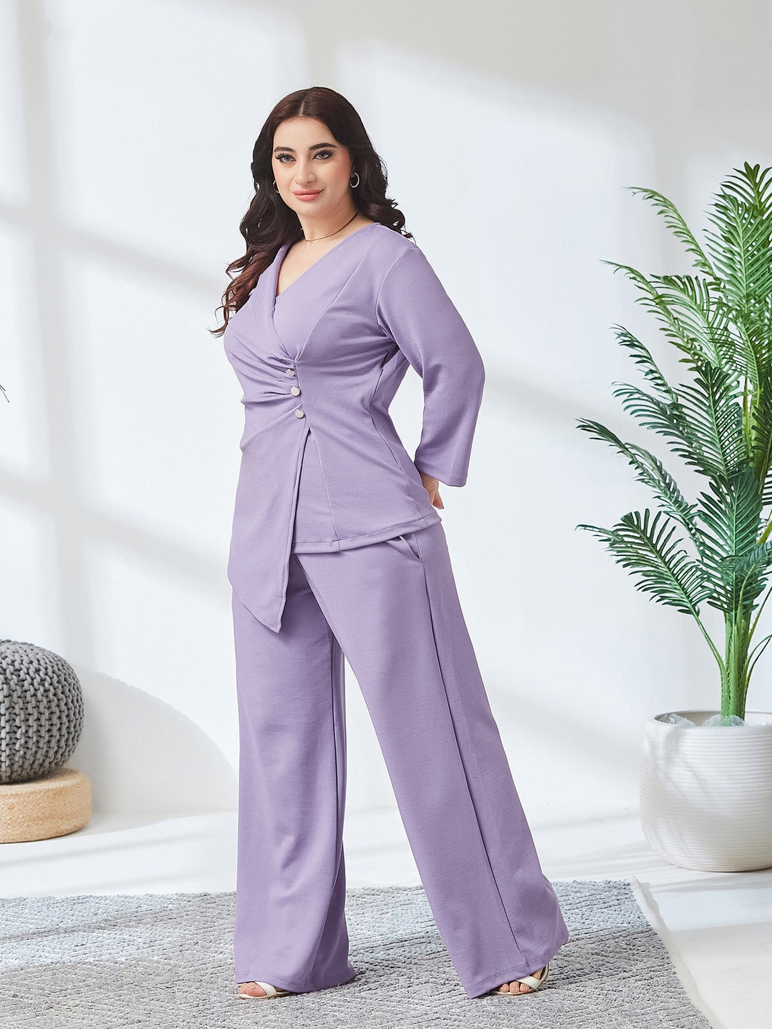 Light Lavender Asymmetric Shawl Collar 3/4 Sleeve Solid Pleated Regular Co Ord Set for Women