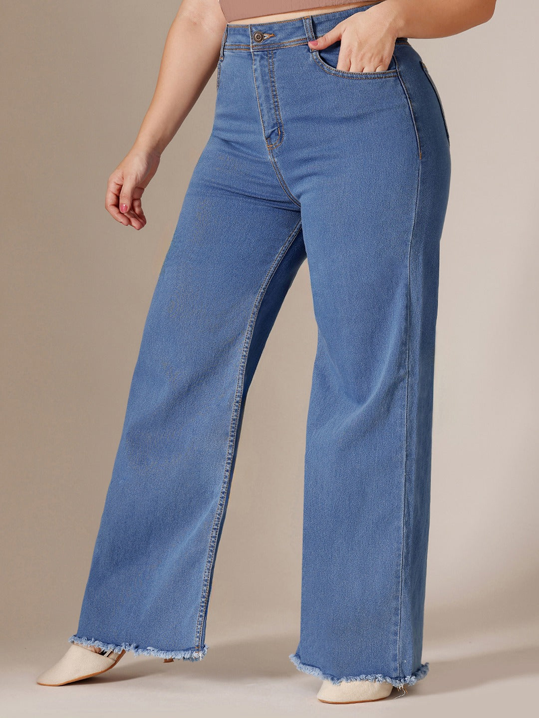 Mid Blue Wide-Leg High-Rise Stretchable Denim Jeans for Women