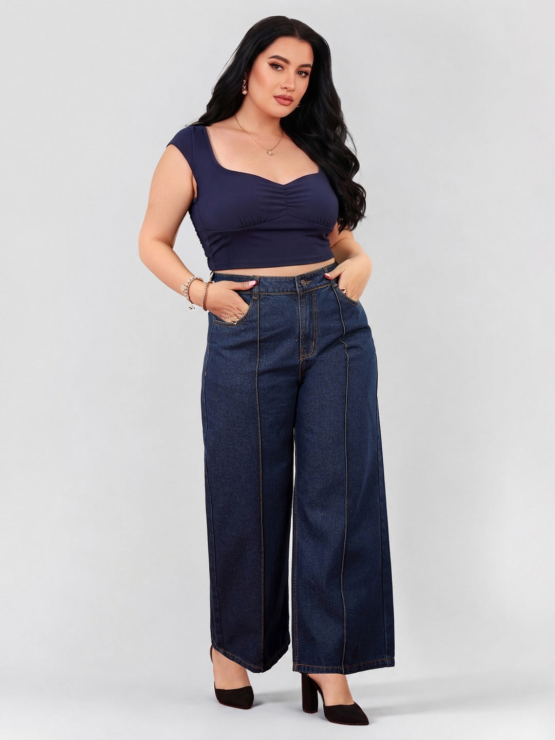 Navy Blue Wide-Leg High-Rise Non-stretchable Denim Jeans for Women