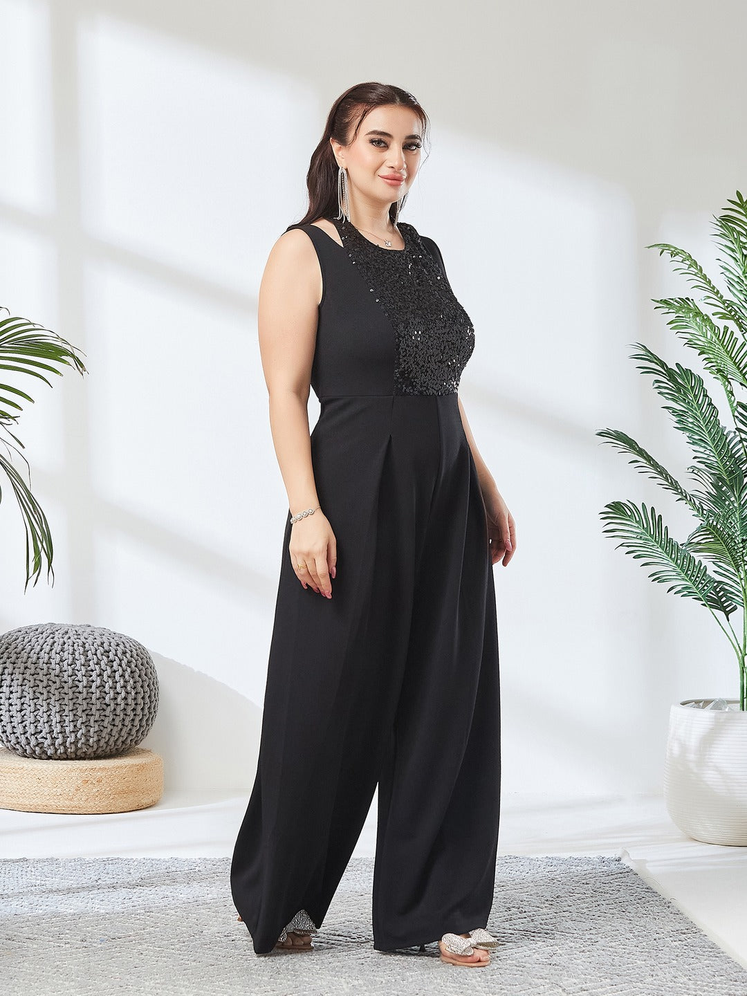 Black Halter Neck Sleeveless Solid Pleated/Wide Leg Sequin Paneled Regular Length Jumpsuit for Women