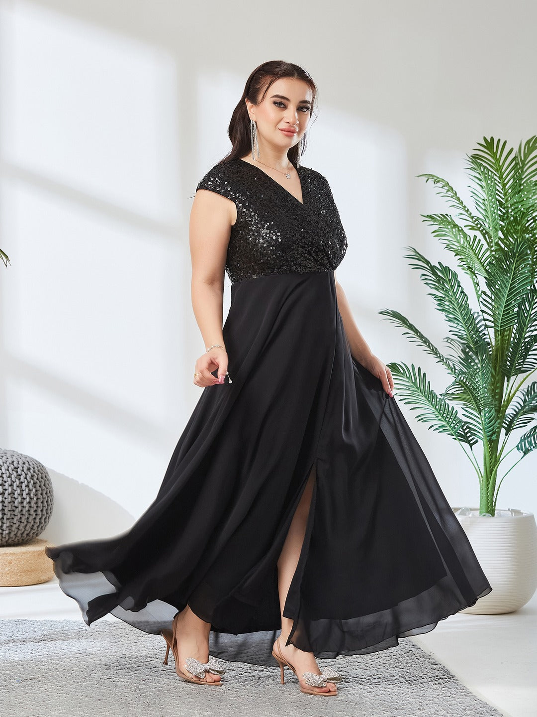 Black V-Neck Cap Sleeved Solid Wrap Maxi Dress for Women