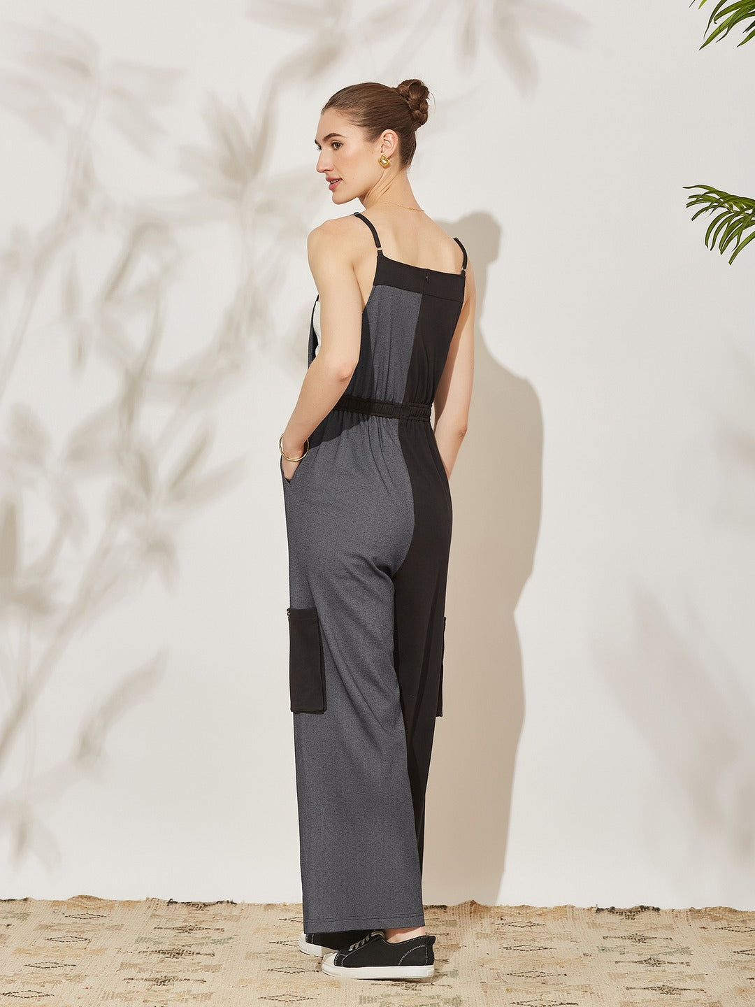 Black & Grey Square Neck Sleeveless Dual Tone Full Length Cotton Dungaree for Women