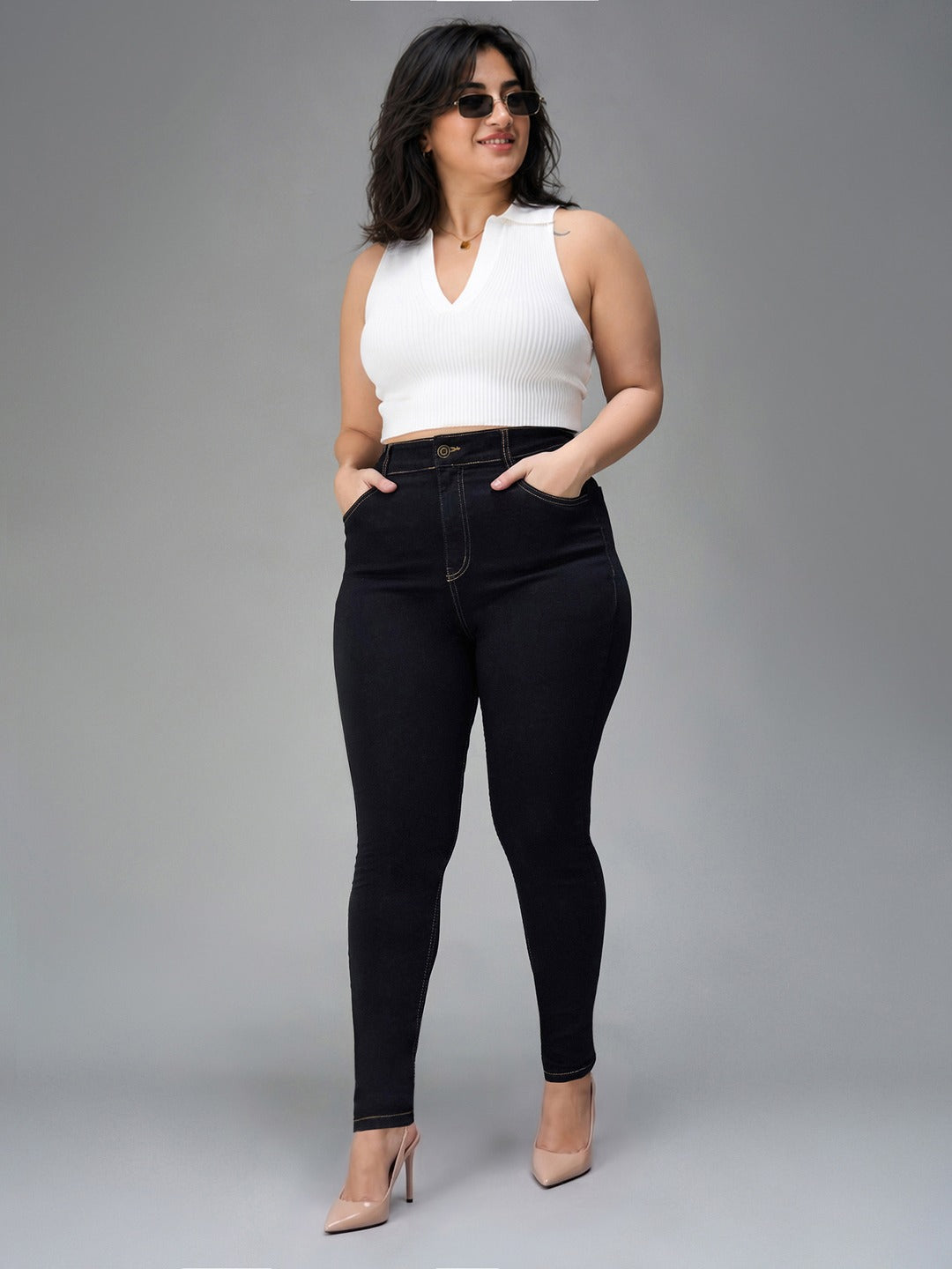 Black Skinny High Rise Regular Stretchable Denim Jeans for Women