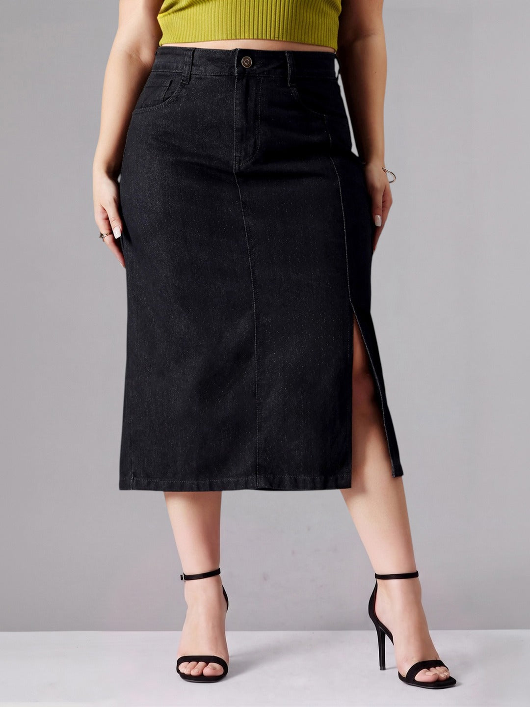Black Straight-Fit High-Rise Stretchable Denim Midi Skirt for Women