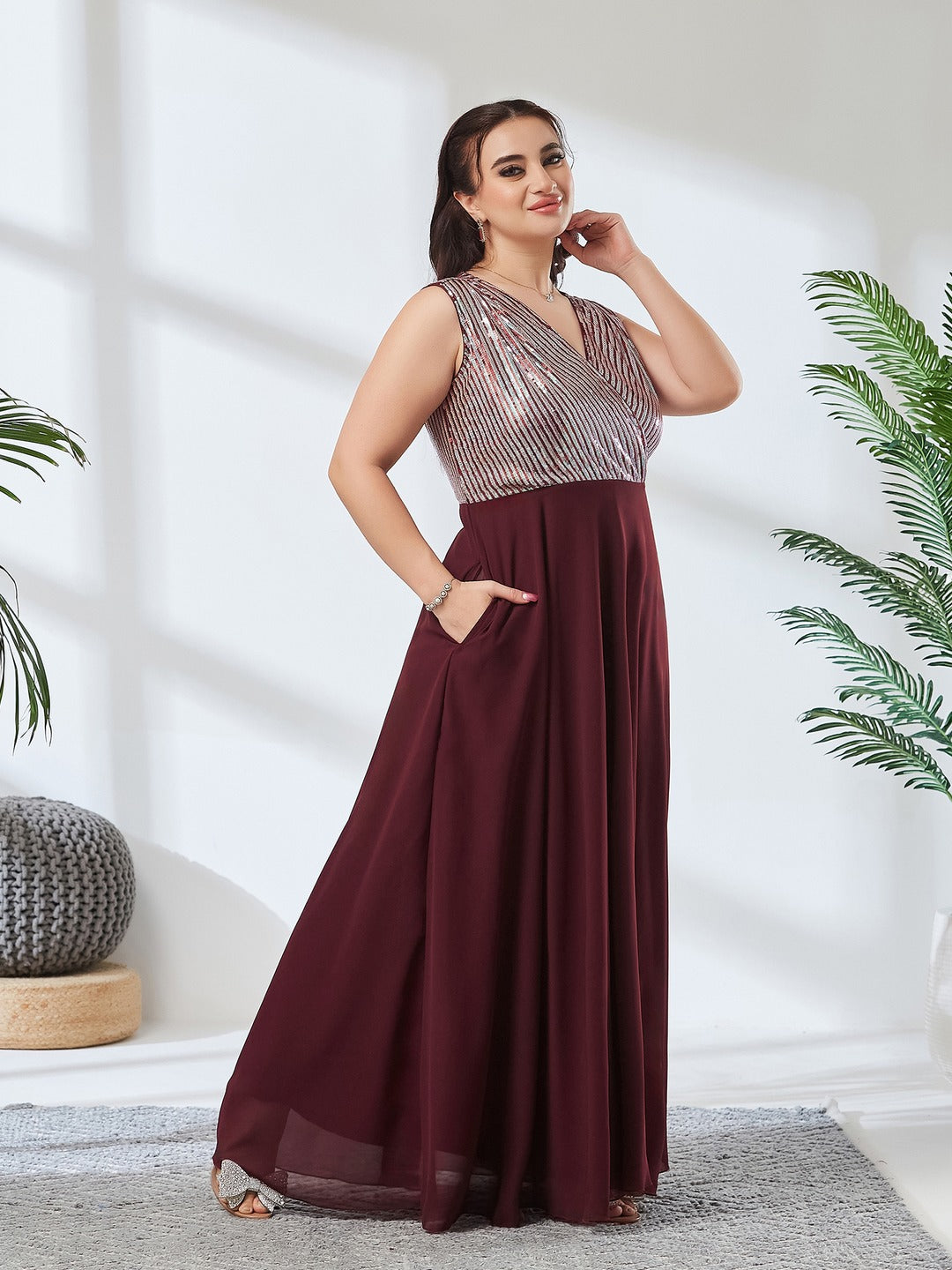 Wine V-Neck Sleeveless Embellished Wrap-Styled Maxi Georgette Dress for Women