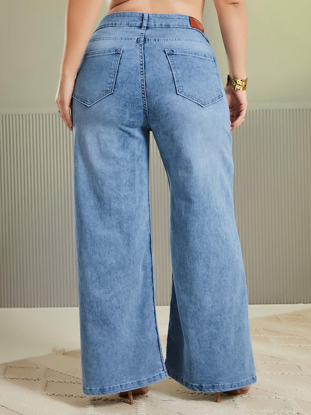 Light Blue Wide-Leg Mid Rise Blast Effect Denim Jeans for Women