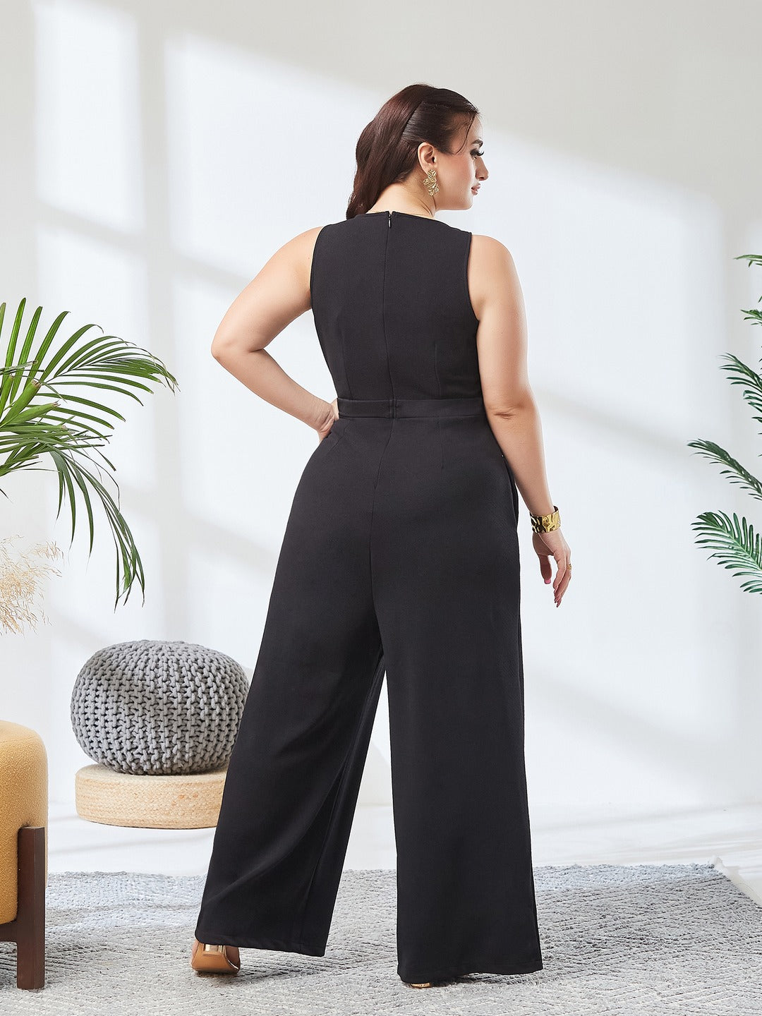 Black V-Neck Sleeveless Solid Wrap Regular Length Jumpsuit for Women