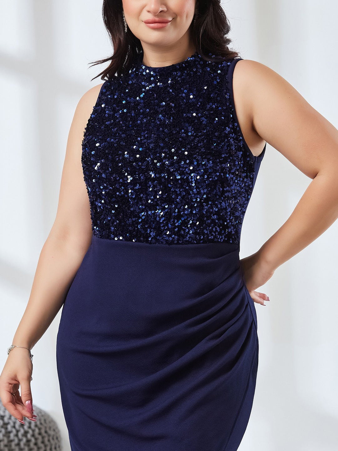 Navy Blue Halter Neck Sleeveless Embellished Pleated Above-Knee Dress for Women