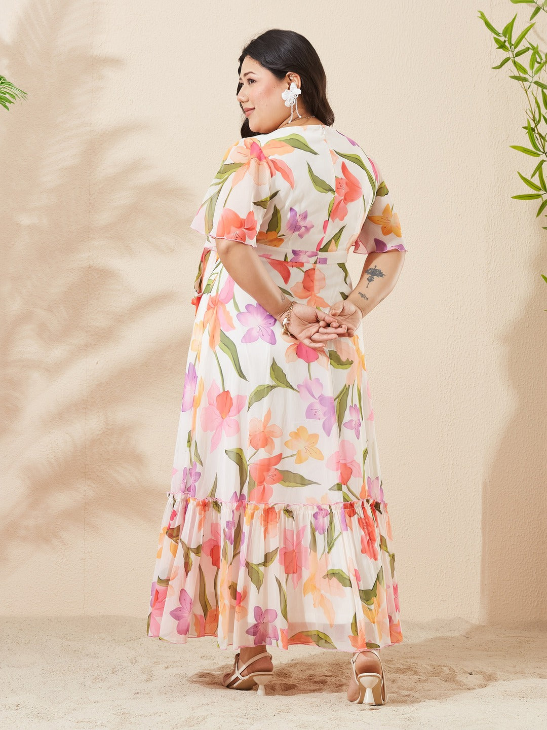 Green & Orange Floral V-Neck Flutter Sleeve Wrap Maxi Chiffon Dress for Women