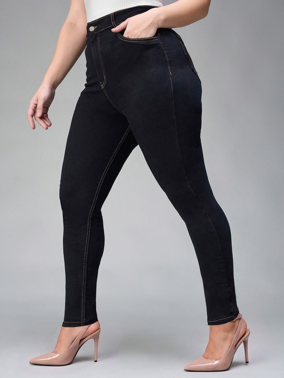 Black Skinny High Rise Regular Stretchable Denim Jeans for Women