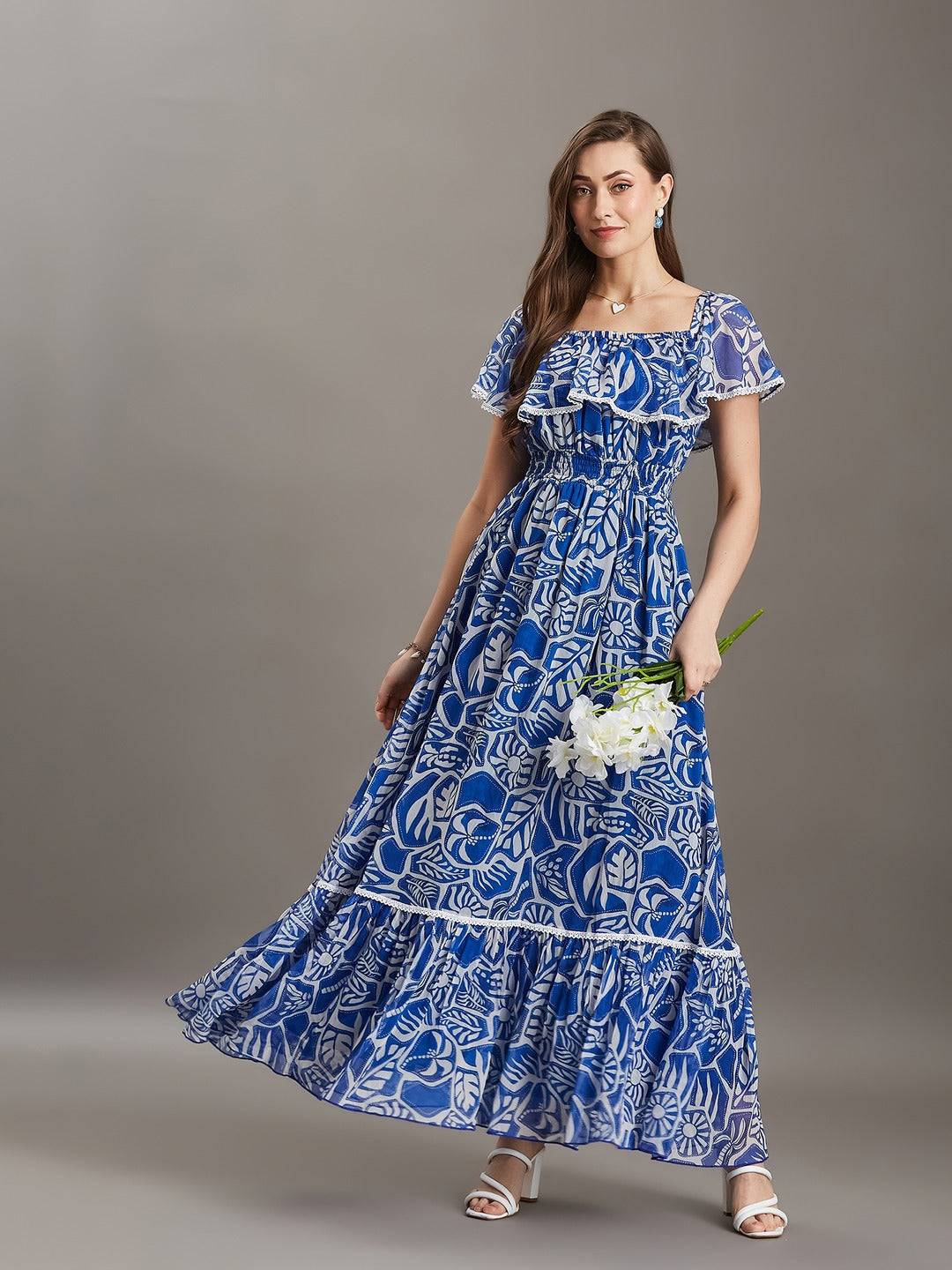 White And Blue Square Neck Cape Floral Tiered Maxi Chiffon Dress for Women