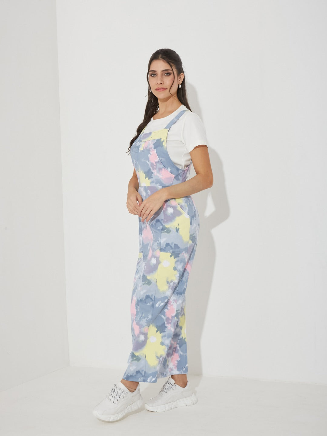 Grey Round Neck Half Sleeve Abstract Dungaree Maxi Polyester Dress Co-Ord Set for Women