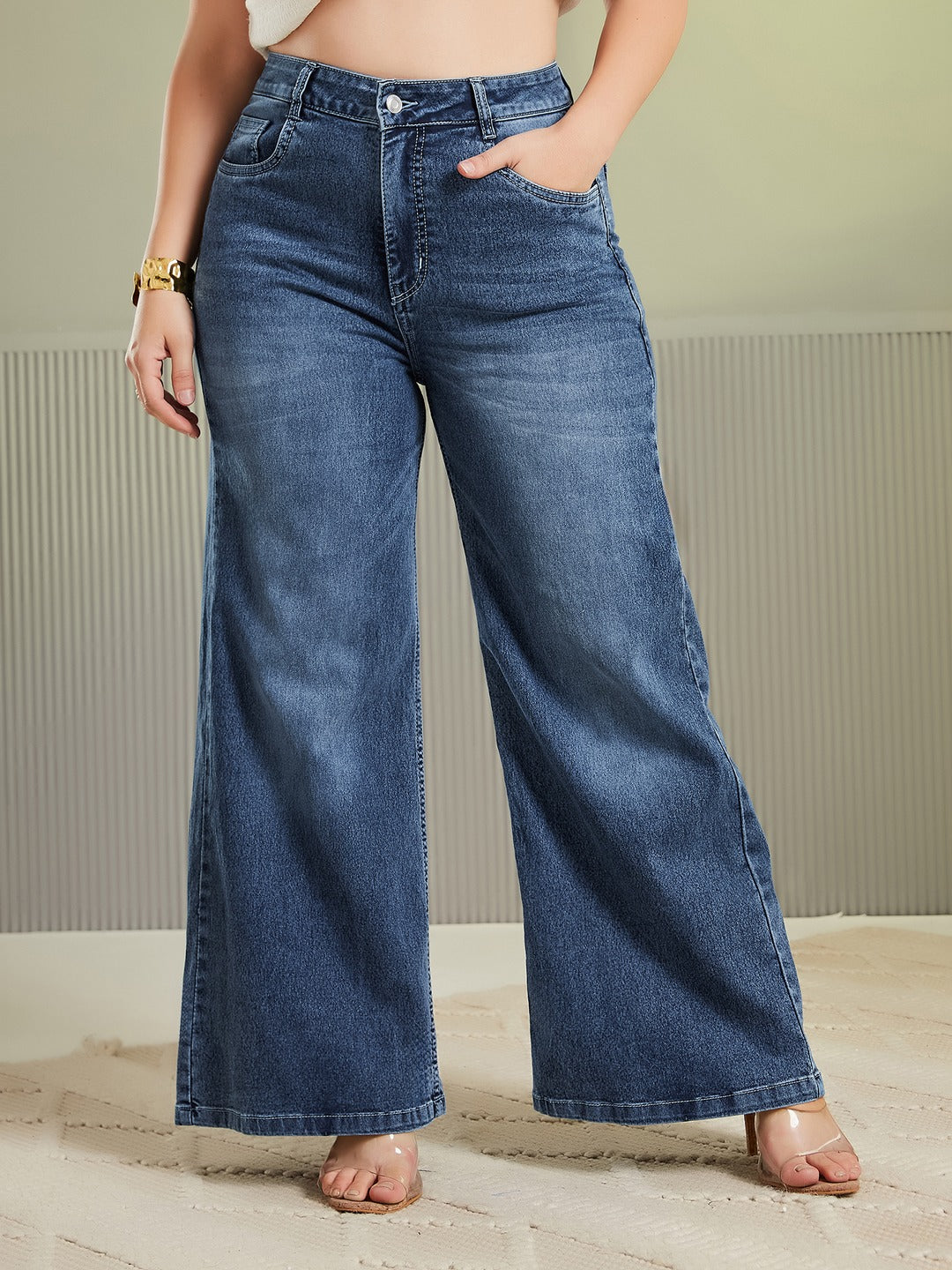 Light Blue Wide-Leg High-Rise Stretchable Denim Jeans for Women