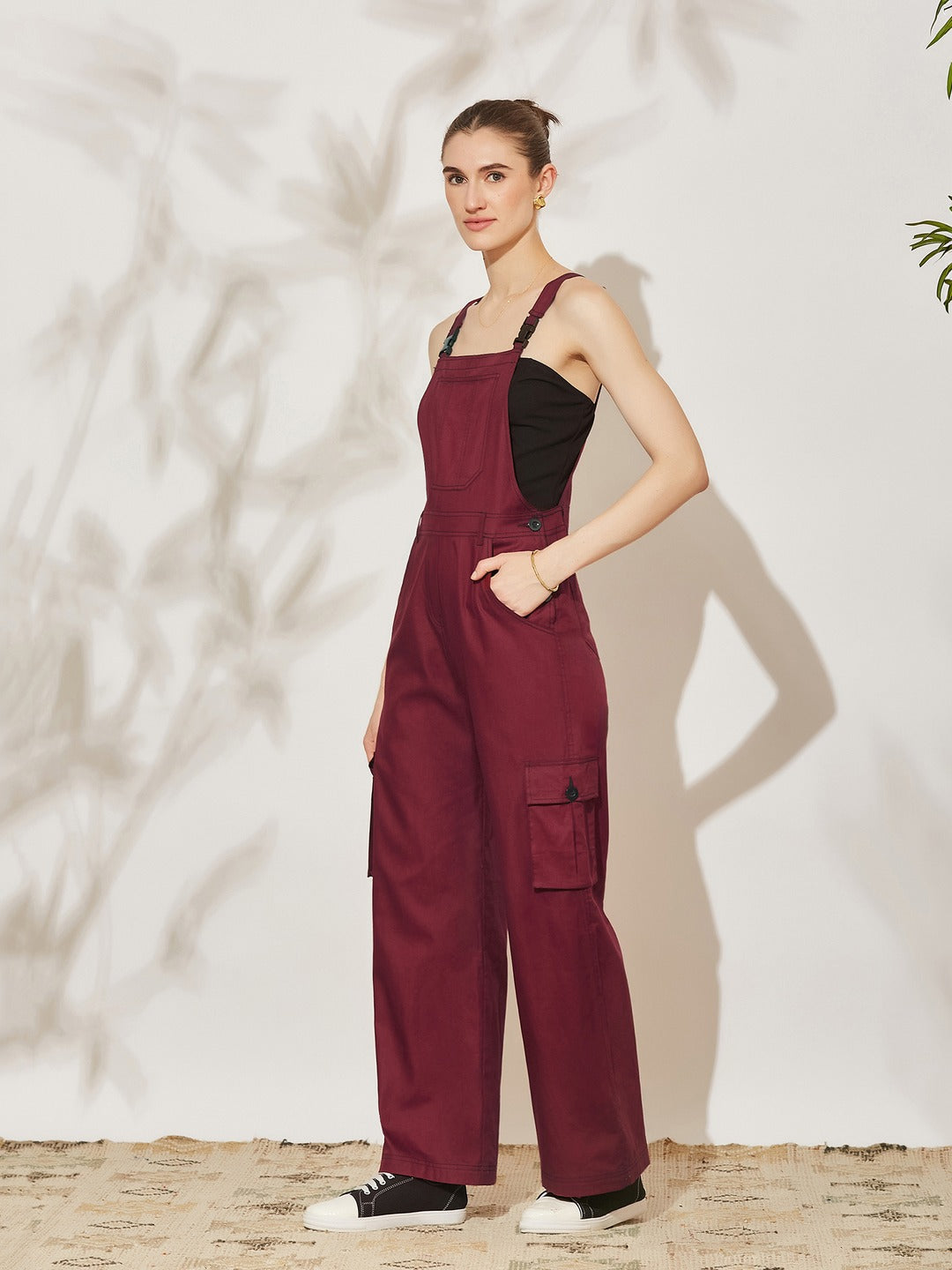 Maroon Square Neck Sleeveless Solid Full Length Cotton Dungaree for Women