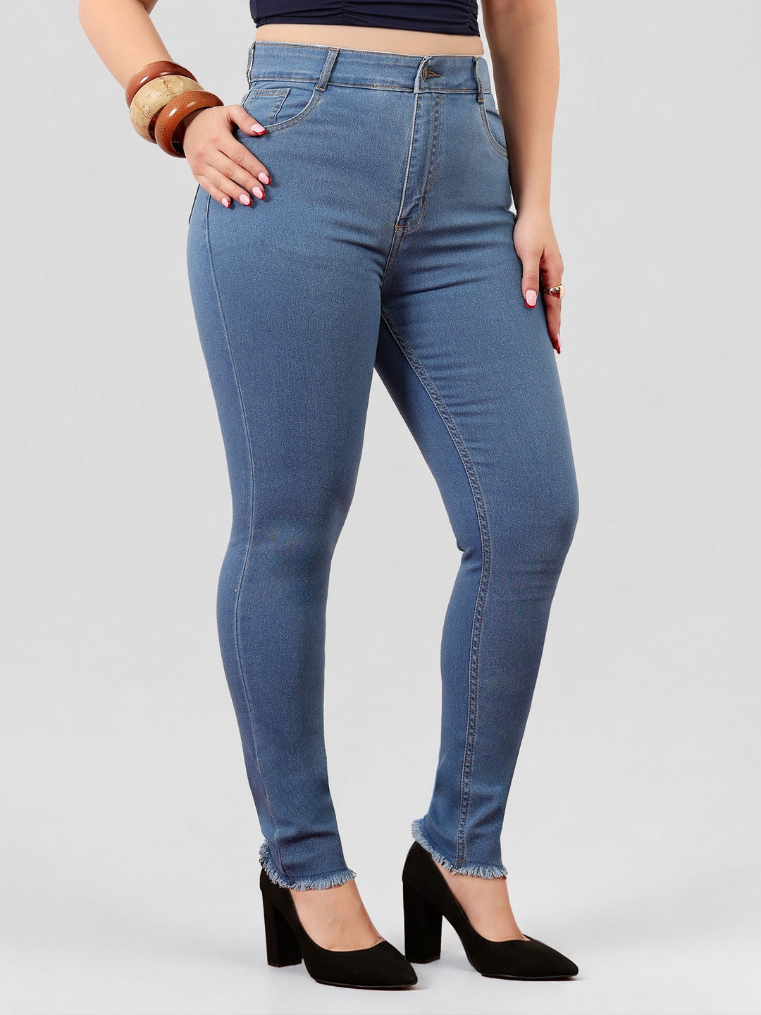 Blue Skinny High Rise Cropped Length Fringe Detailing Stretchable Denim Jeans for Women
