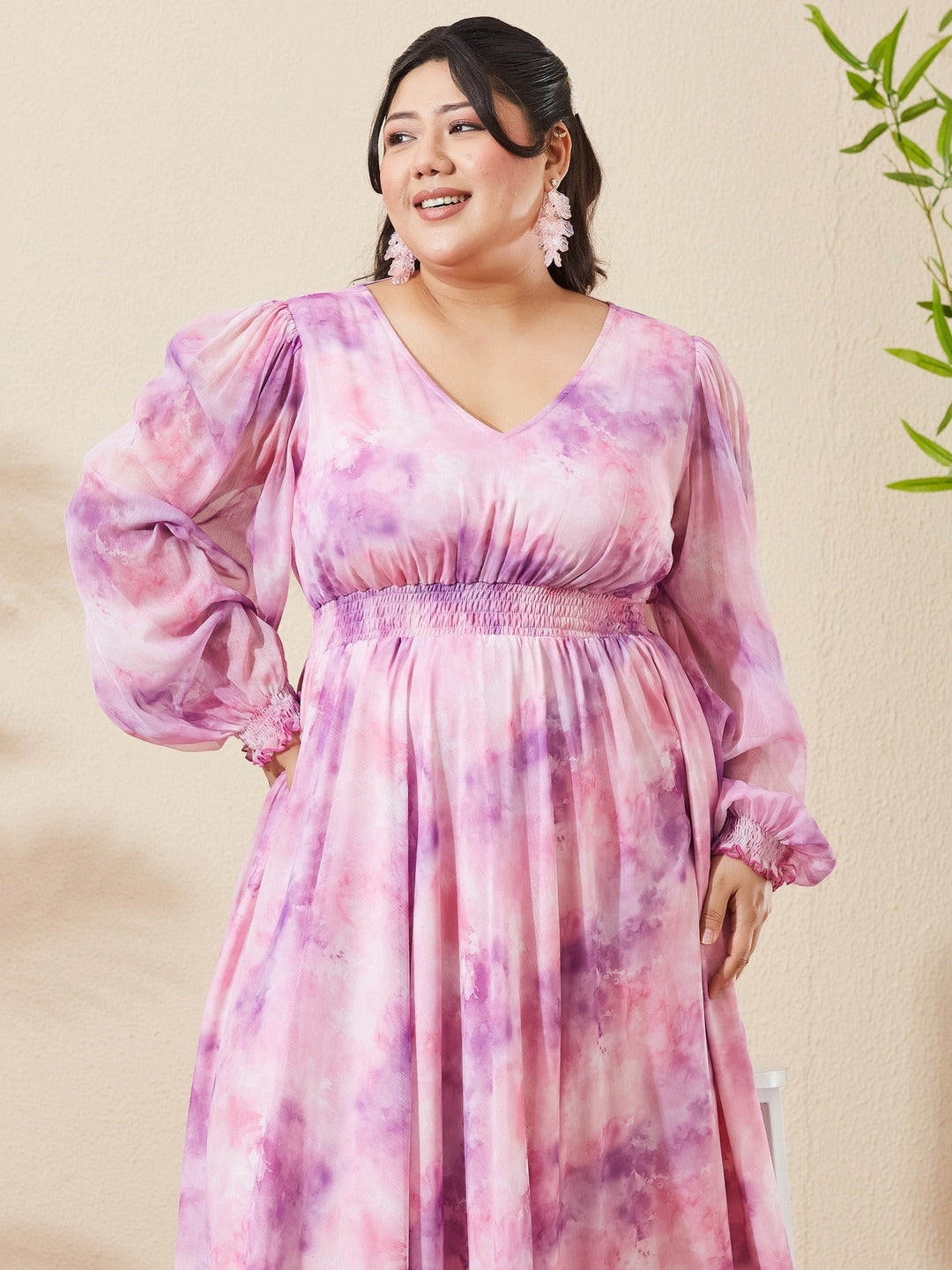 Pink & Lavender Floral V-Neck Bishop Sleeve Smocked Chiffon Maxi Dress for Women