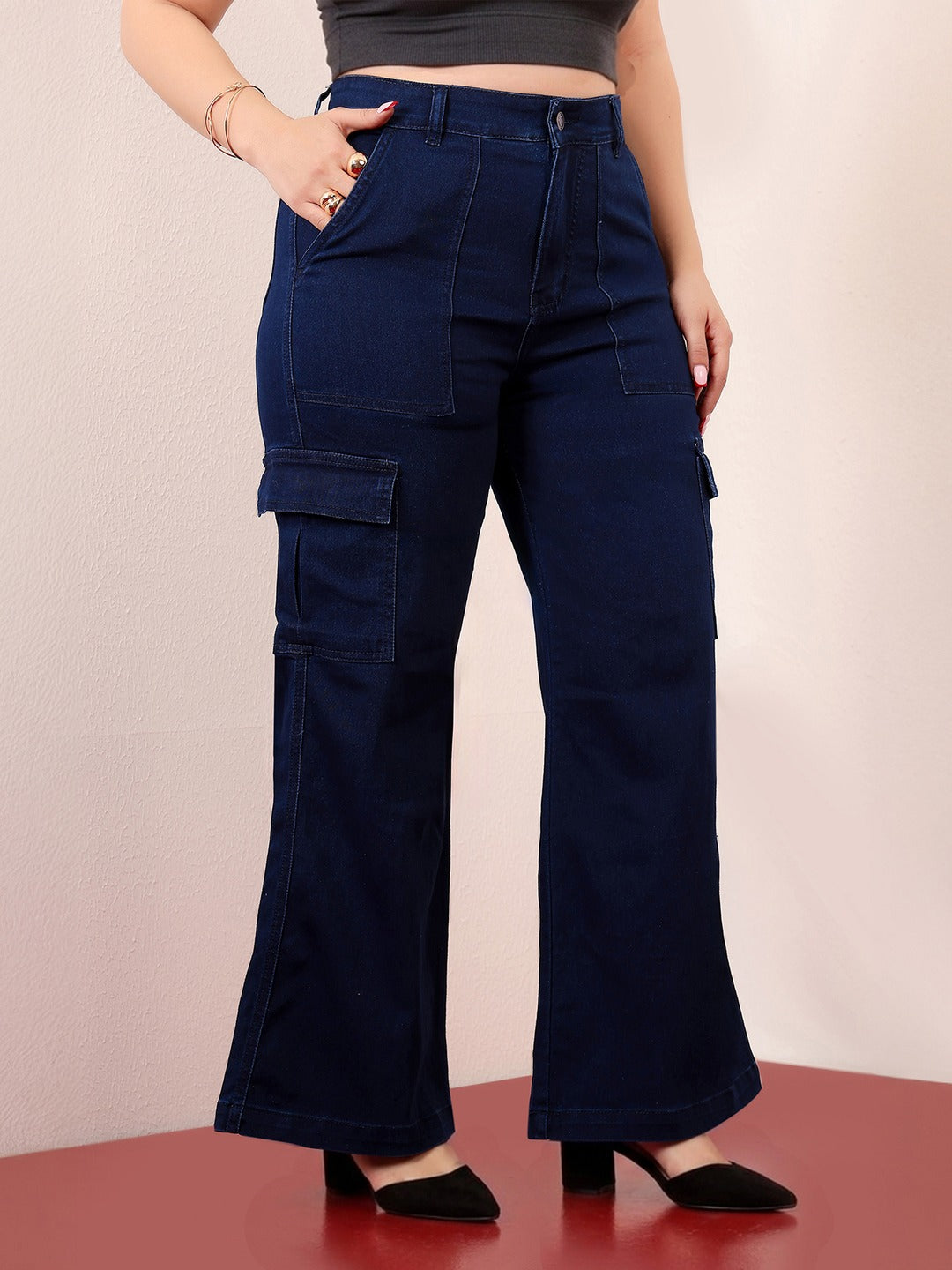 Navy Blue Wide-Leg High-Rise Stretchable Denim Cargo Jeans for Women