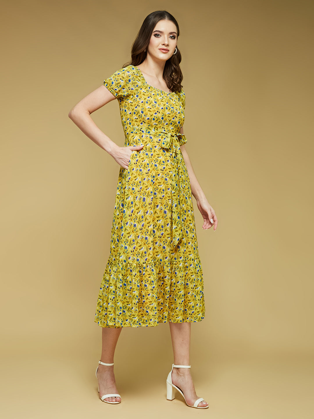 Yellow Square Neck Short Puff Sleeve Floral Tiered Georgette Midi Dress for Women