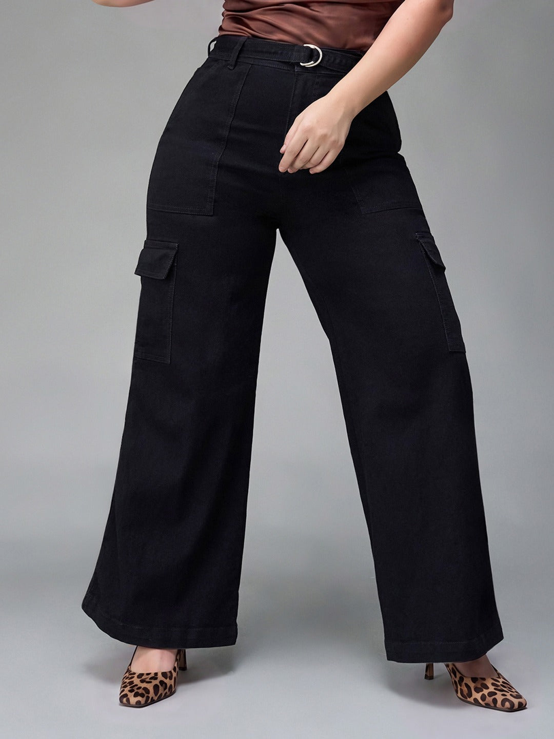 Black Wide leg High rise Regular Stretchable Denim Jeans for Women