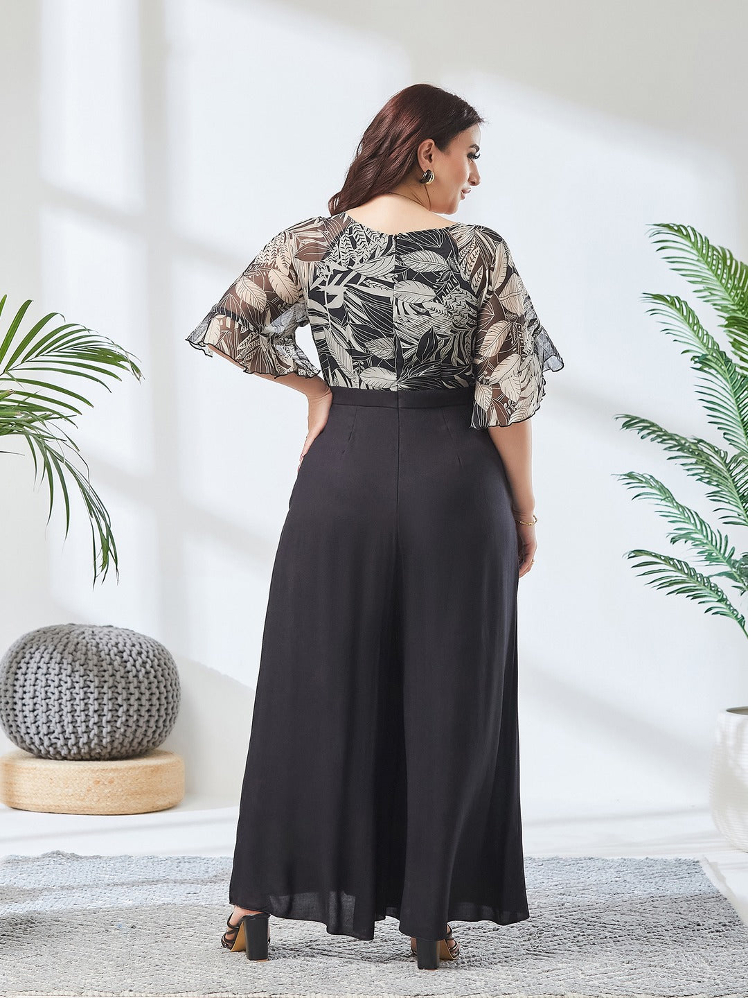 Black V Neck Ruffled Sleeve Wide Leg Regular-Length Polyester Printed Jumpsuit for Women