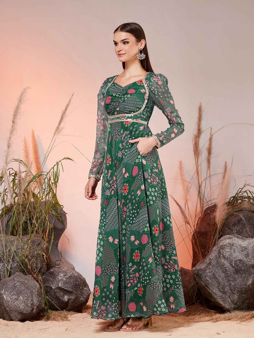 Emerald Green Sweetheart Neck Bishop Floral Ruched Maxi Chiffon Ethnic Dress for Women
