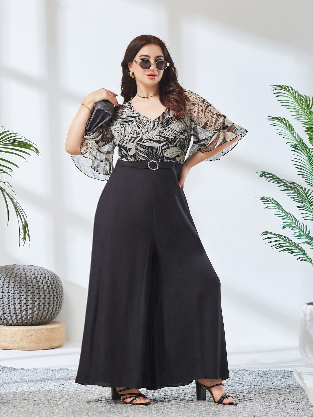 Black V Neck Ruffled Sleeve Wide Leg Regular-Length Polyester Printed Jumpsuit for Women
