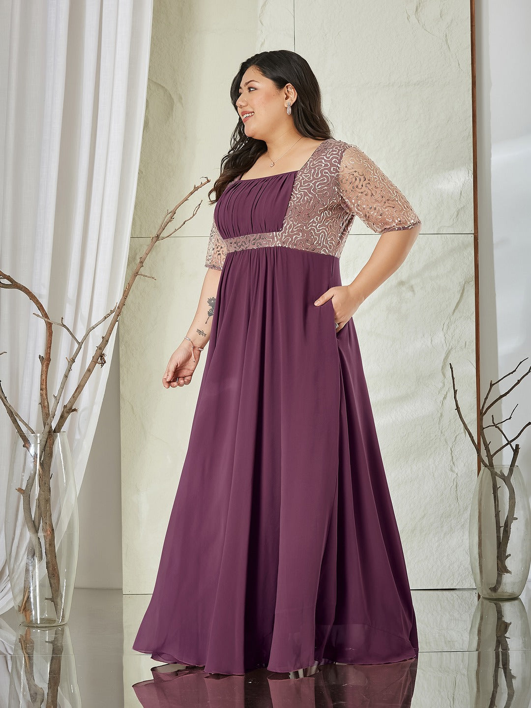 Mauve Square Neck Half Sleeve Solid Embellished Georgette Maxi Dress for Women